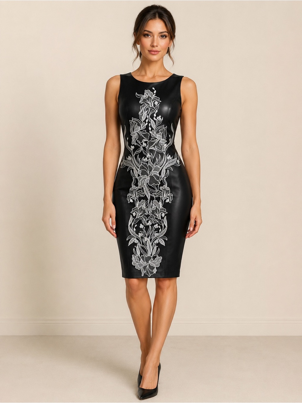 NWT - White House Black Market Black Faux Leather Dress with Floral Embroidery